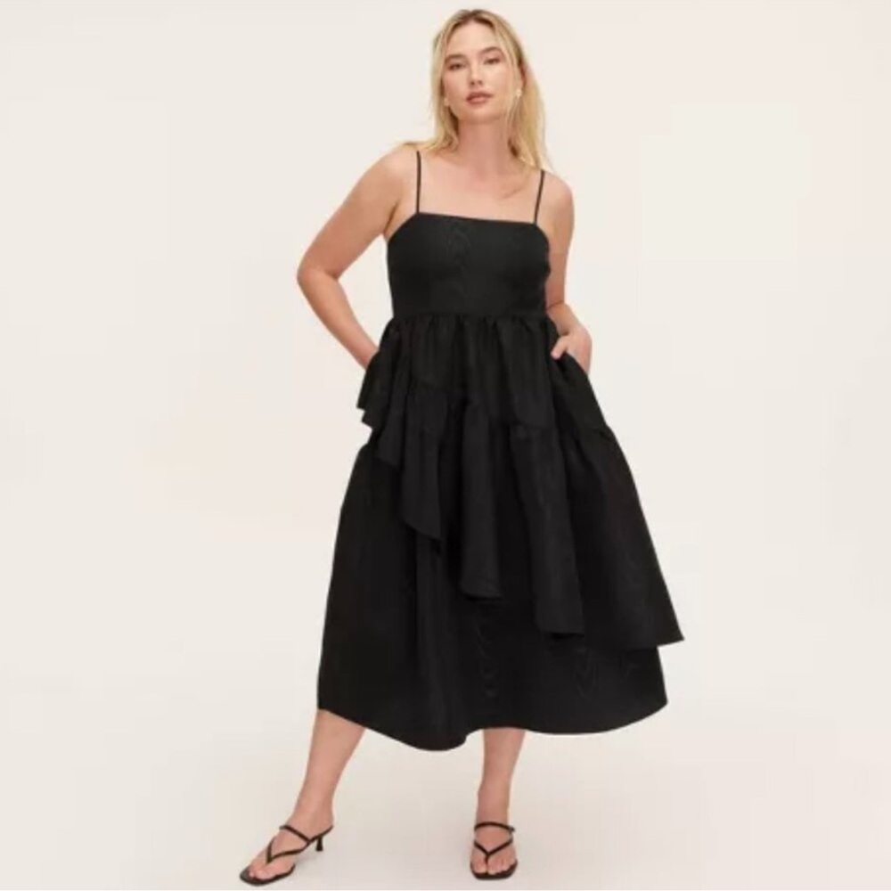 Kate Spade Sleeveless Black Taffeta Tiered Ruffle Midi Dress 
NWT Size XS